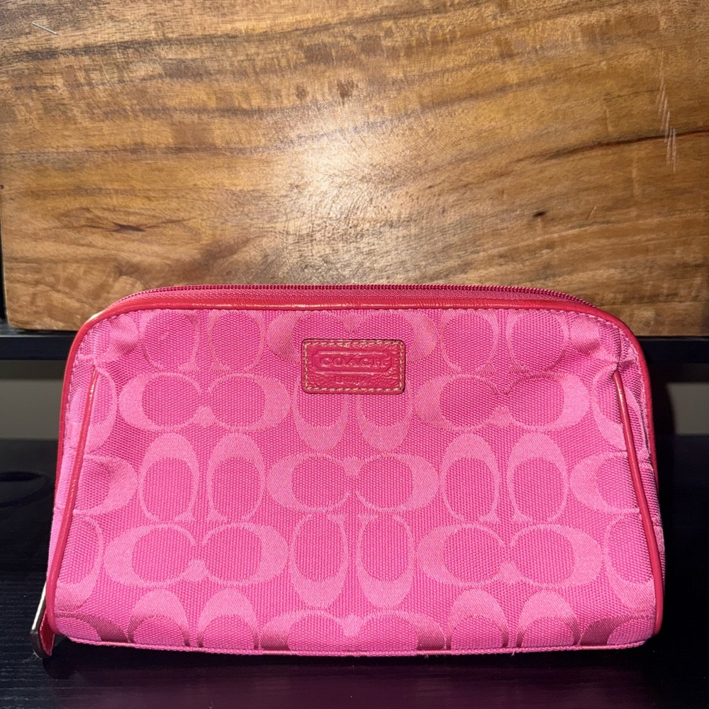 Large Coach Pink Cosmetic Pouch with Signature Monogram